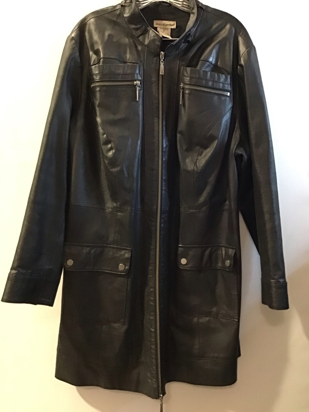 Jessica London Vintage Black Long Leather Zip-Front Coat